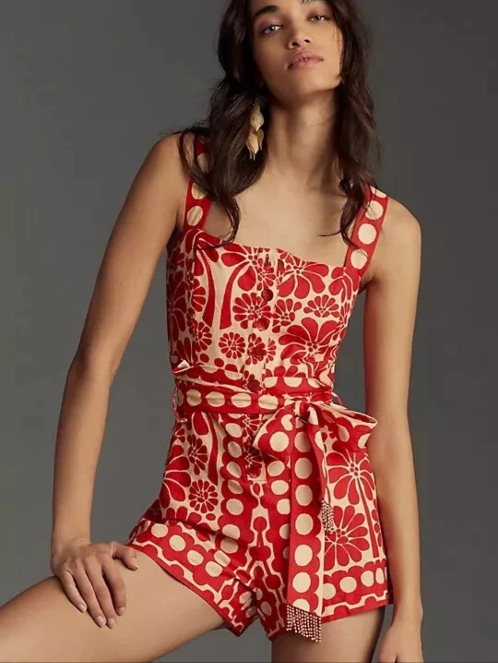Farm Rio Anthropologie Linen Romper Floral Romance Palermo Tassels